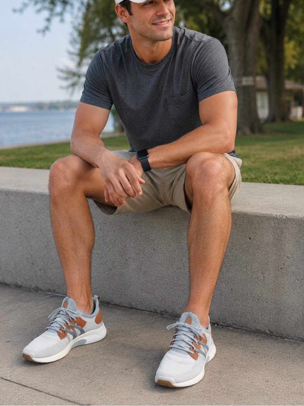 OluKai Men's Light Gray and Brown Knit Lace-Up Sneakers